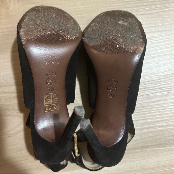 Tory Burch Black Suede Leather Peep Toe Heels Ankle Strap Cutout Stiletto - Picture 5 of 15